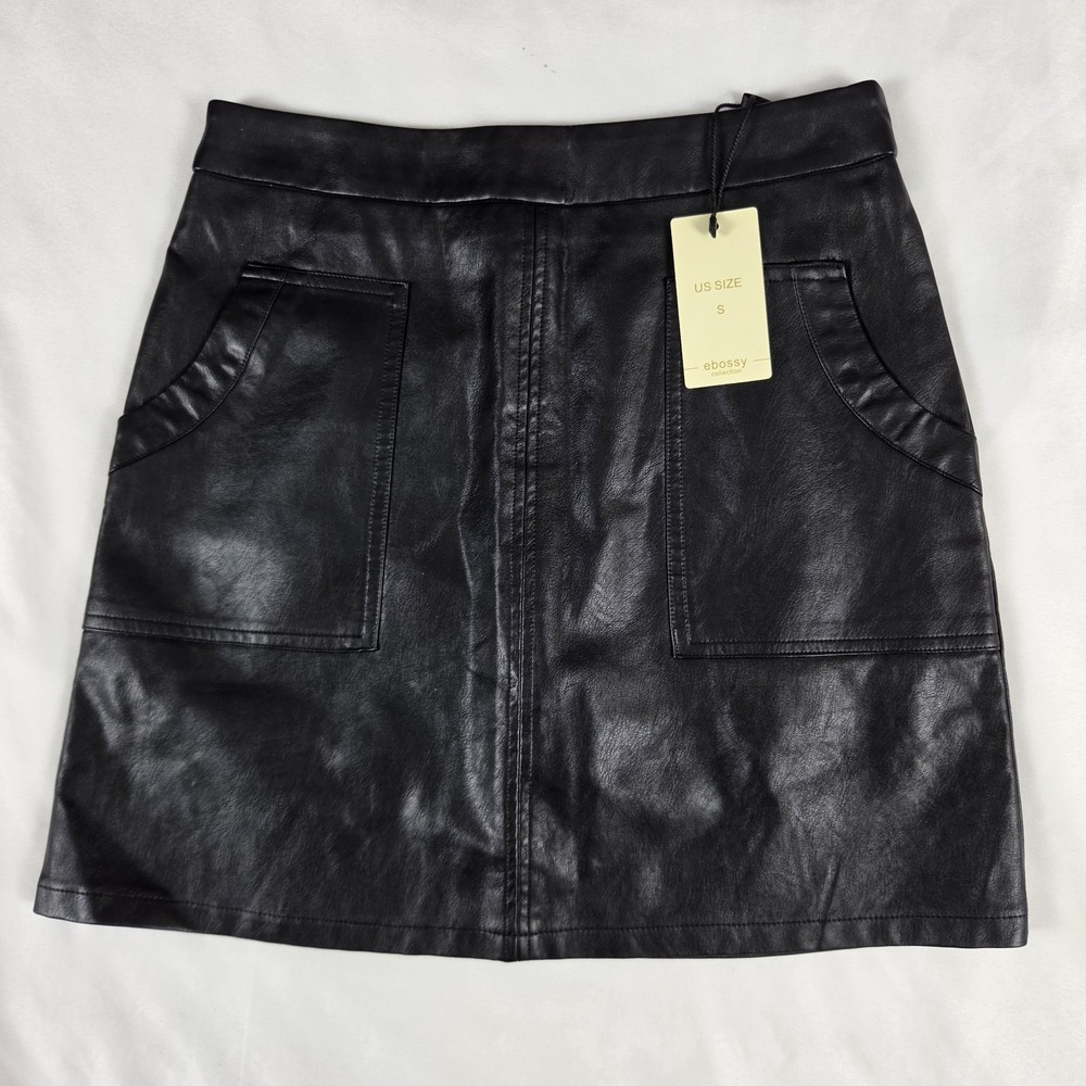 Ebossy Black Faux Leather Mini Skirt Built In Shorts Patch Pockets Size S